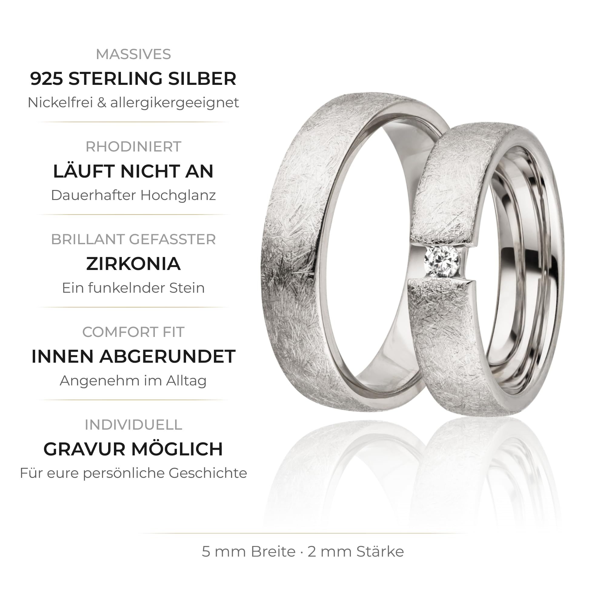 Kolibri Rings Eheringe Silber Eismatt Rhodiniert 925 Paarpreis, Spannring-Optik Massiv | Made in Germany mit Zirkonia Stein, Trauringe, Partnerringe Verlobung | Inkl. Gratis Gravur + Etui