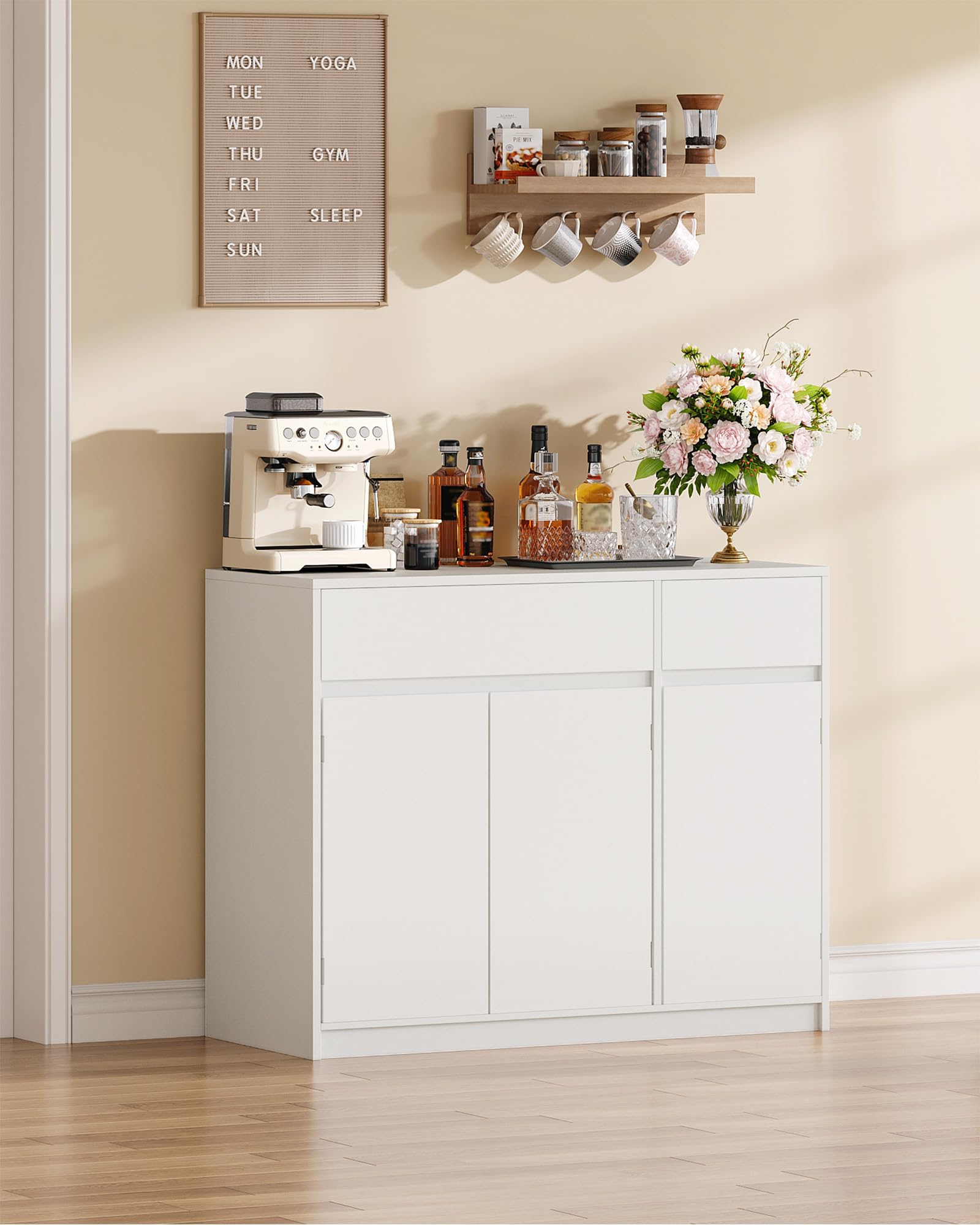 Hzuaneri Sideboard, Küchenschrank, Aufbewahrungsschrank mit 2 Schubladen, 3 Schranktüren, verstellbaren Einlegeböden, Modernem Stil, Küche, Wohnzimmer, 33 x 100 x 81,5 cm, Weiß SC32003X