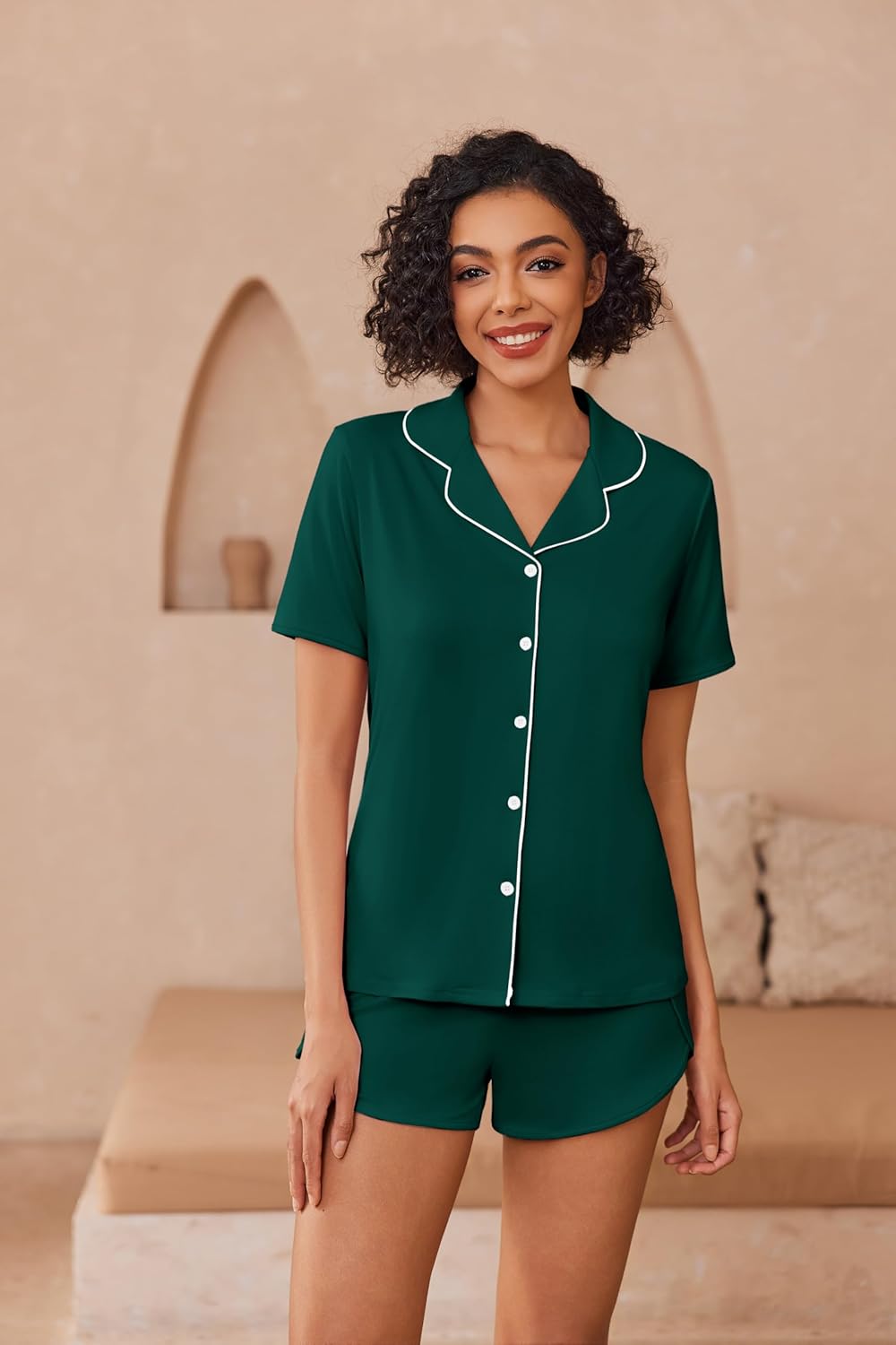 Ekouaer Pajamas for Women Set Button Up Sleepwear 2 Piece Pjs Lounge Set Short Sleeve Nightwear - Image 3