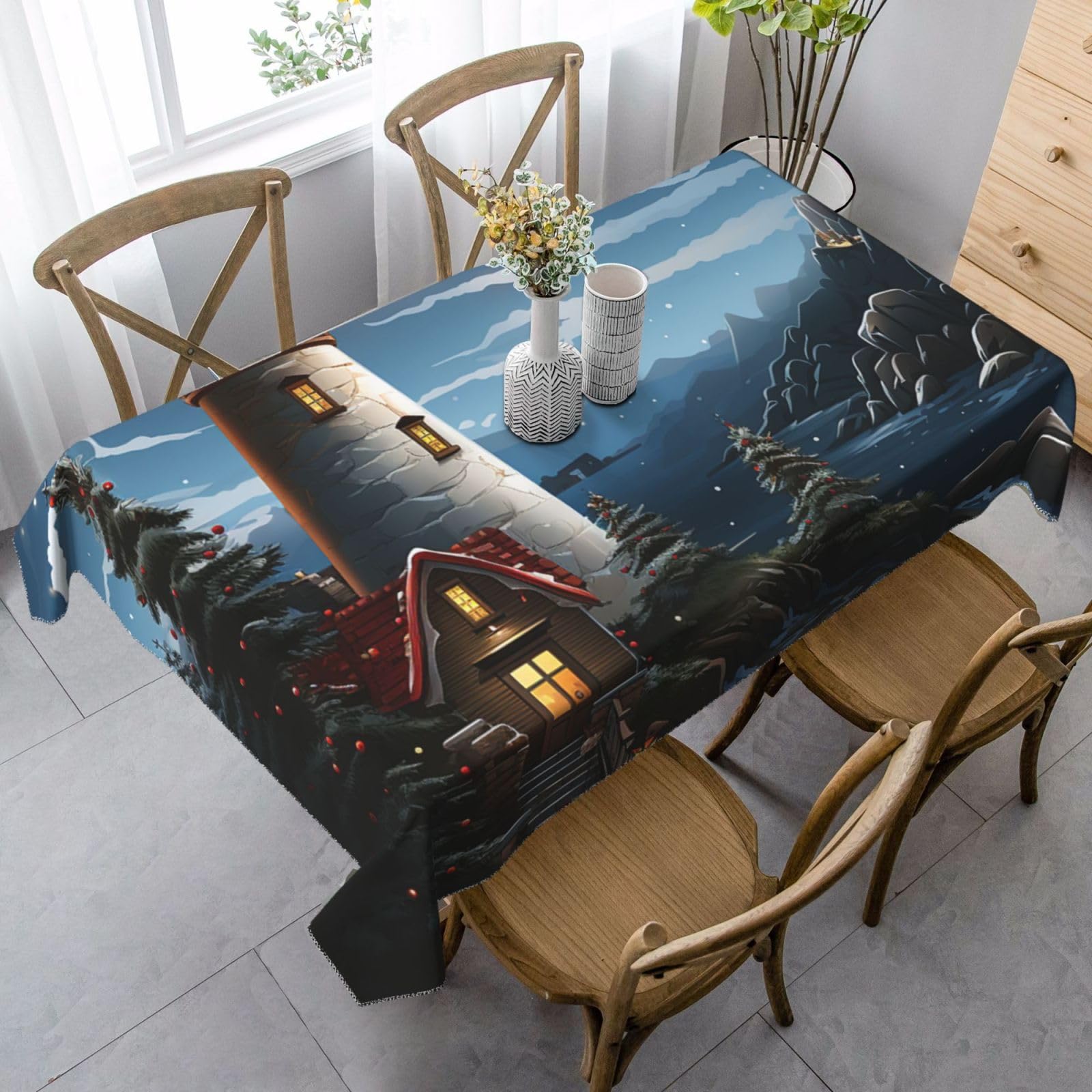 FodPand 35x55 Inch Tablecloth Stain and Wrinkle Resistant Table Cover Rectangular Washable Kitchen Table Cloth for Dinning Room Picnic Patio Party Decor, Santa Claus Lighthouse
