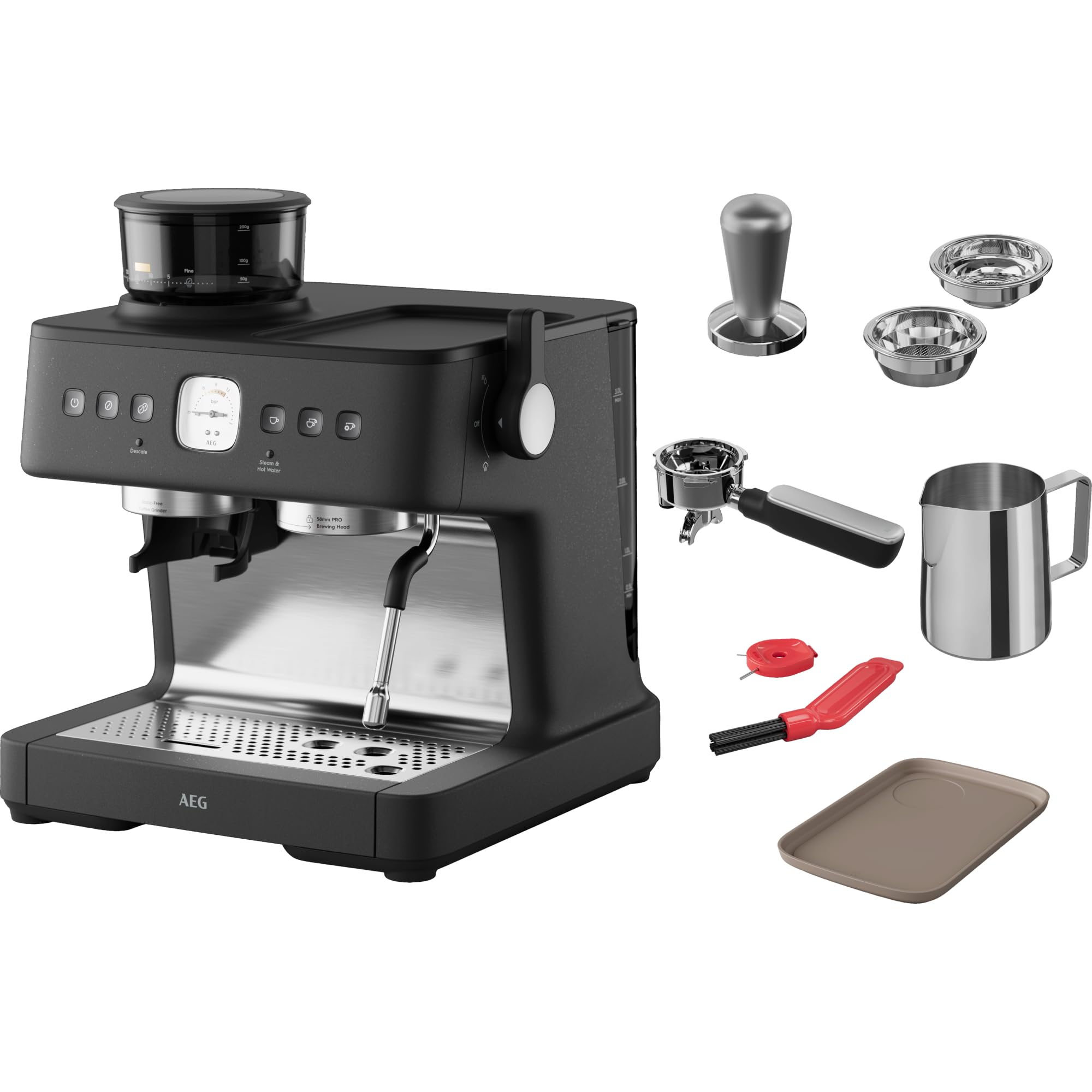 AEG Espresso Siebträgermaschine EC8-1-8BP, Dual Thermoblock, 30 Mahlgrade, 20 Bar, PID, 58mm Brühkopf, Black Pearl