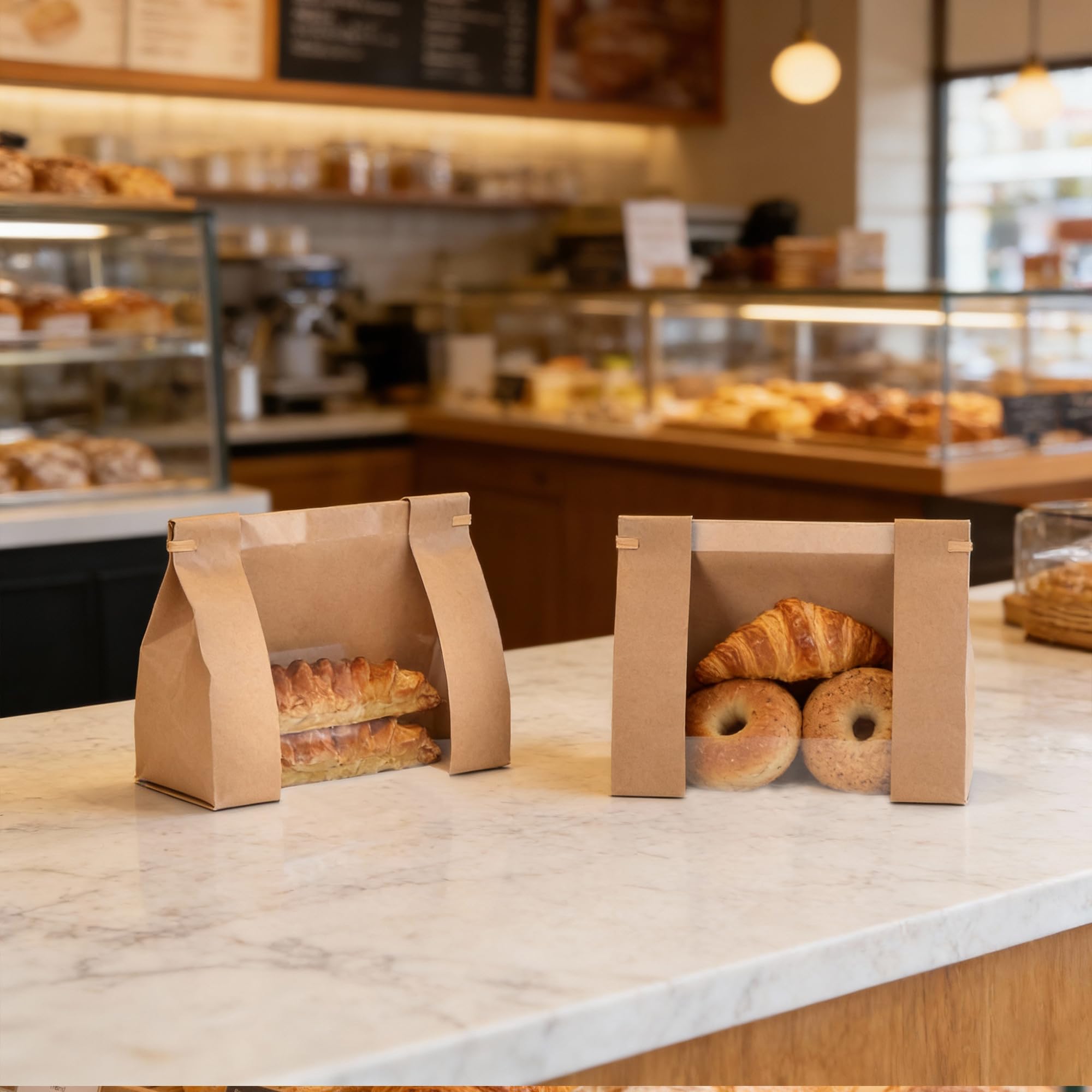 Lote de 100 Bolsas de Papel para Pan Casero, Bolsas de Panadería con Ventana Transparente, 26x11x26cm Bolsas Papel Kraft con Cierre de Alambre y Pegatinas para Tostadas, Galletas y Dulces | Bolsas de papel kraft plegables con ventana y pegatinas, 80 g/m²,