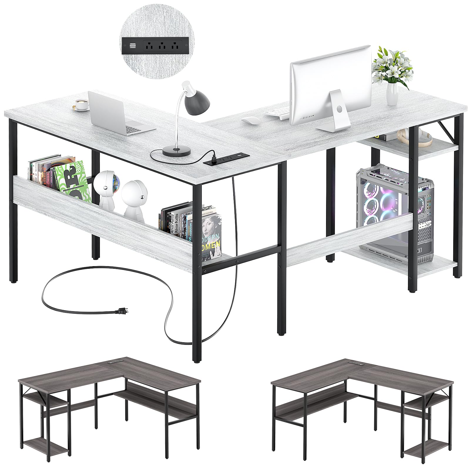 Photo 1 of ***MISSING PARTS-ONLY****Unikito Reversible L Shaped Desk with Magic Power Outlets and USB Charging Ports, Sturdy Corner Computer Desk with Storage Shelves, Gaming Table Home Office Desk, Easy to Assemble, Enoch Walnut