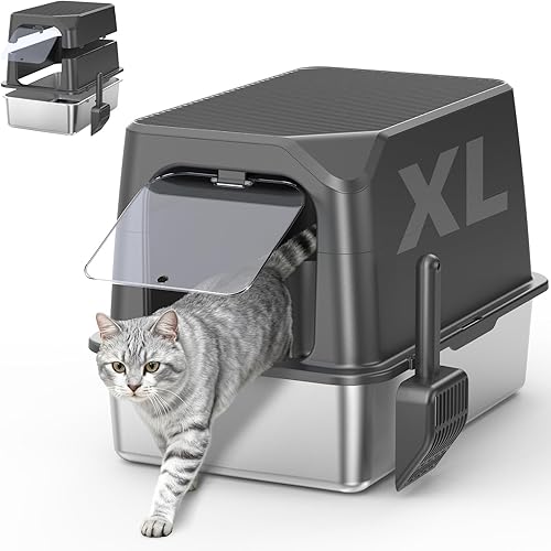 Miniatura 8 de Caja de arena cerrada de acero inoxidable para gatos con tapa, caja de arena extra grande XL para gatos grandes, bandeja de arena de metal de lado