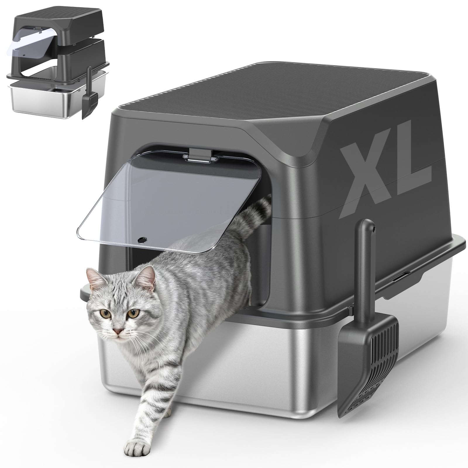 XL Stainless Steel Litter Box with Lid, Enclosed Cat Litter Box,Front Entry