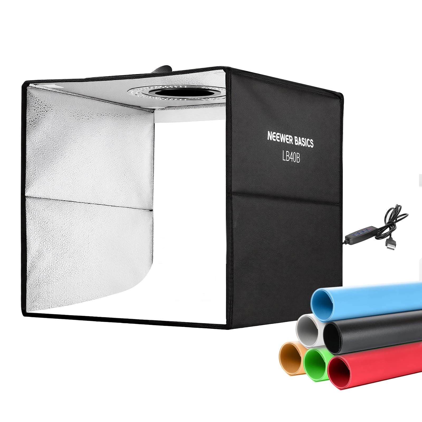 NEEWER BASICS LB40B pudełko oświetleniowe do studia fotograficznego, 40 x 40 cm, dwukolorowy, składany namiot do fotografowania z 6 kolorowymi tłami, 120 diod LED CRI95+, możliwość ściemniania, do