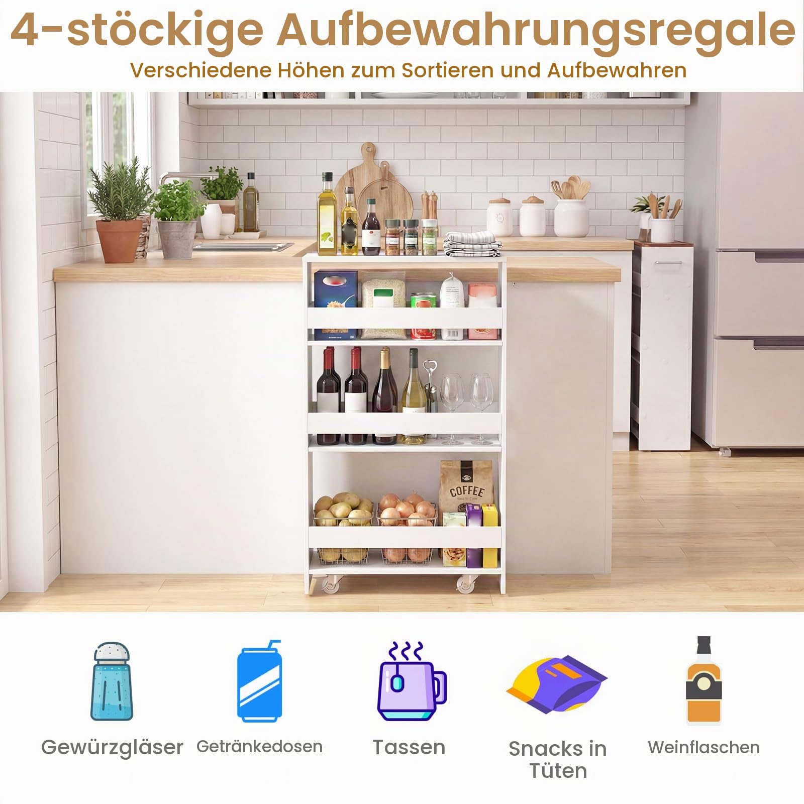 GIANTEX Nischenregal 20 cm Breit, Nischenschrank Küche mit Ladestation, Nischenwagen Rollwagen Schmal, Kleines Küchenregal mit Rollen, Küchenwagen Schmal