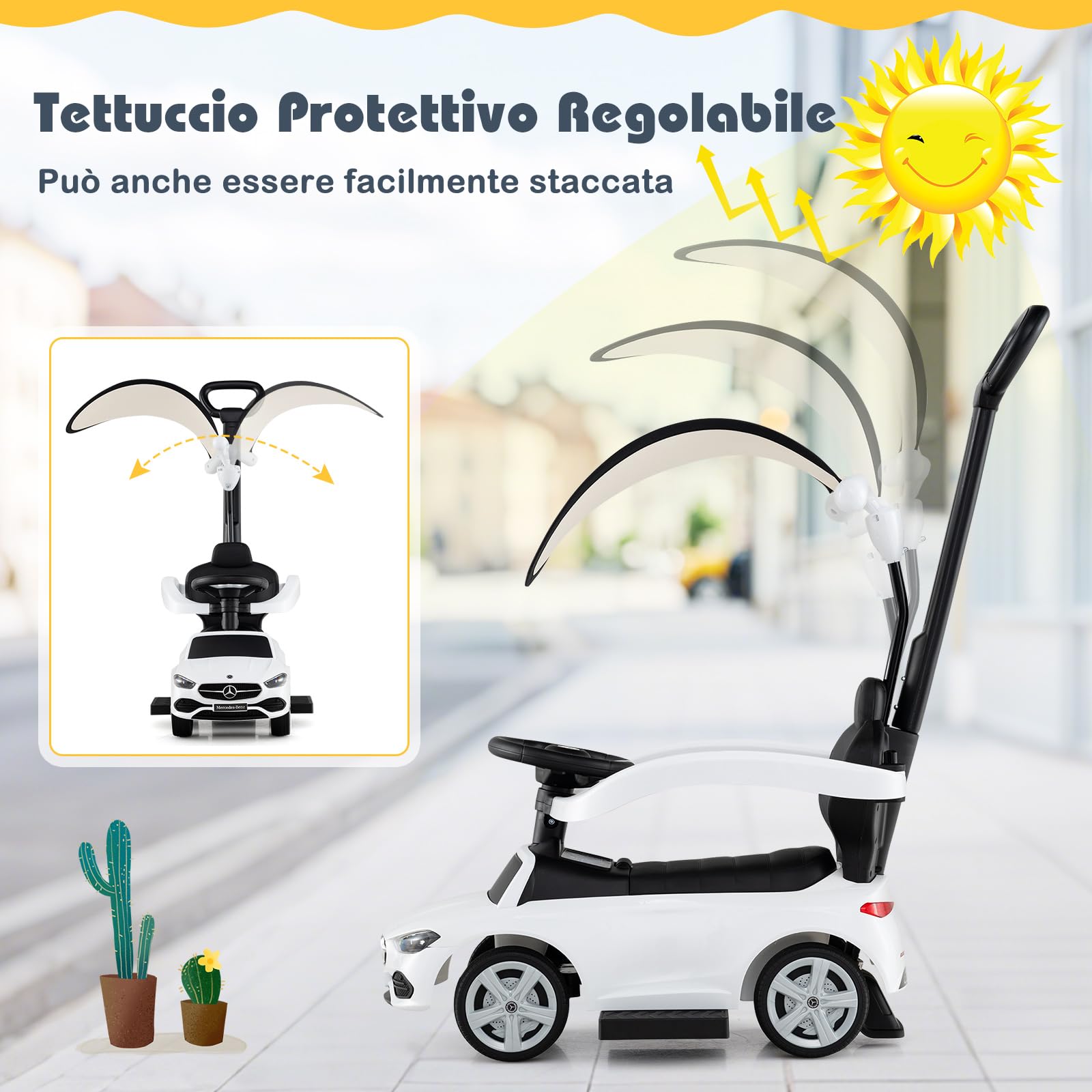 COSTWAY 3 in 1 Auto a Spinta, Mercedes-Benz Macchina Cavalcabile, con Schienale Regolabile Suono Barra di Spinta e Tettuccio, per Bambini 18-36 Mesi (Bianco)