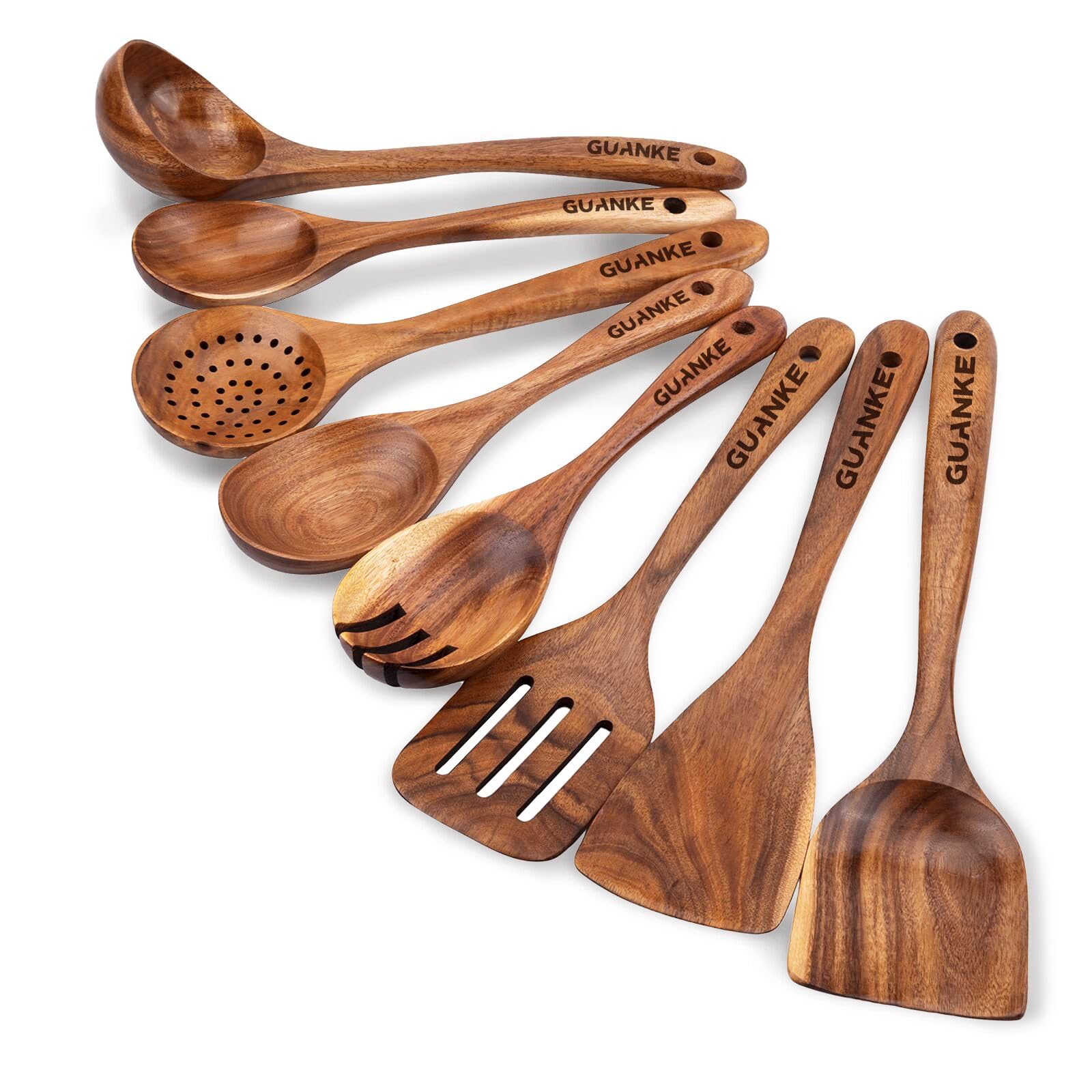 GUANKE Cucharas de madera para cocinar, juego de utensilios de cocina de madera de teca con soporte y soporte para cucharas, cucharas de madera lisa, utensilios de cocina antiadherentes, cucharas de