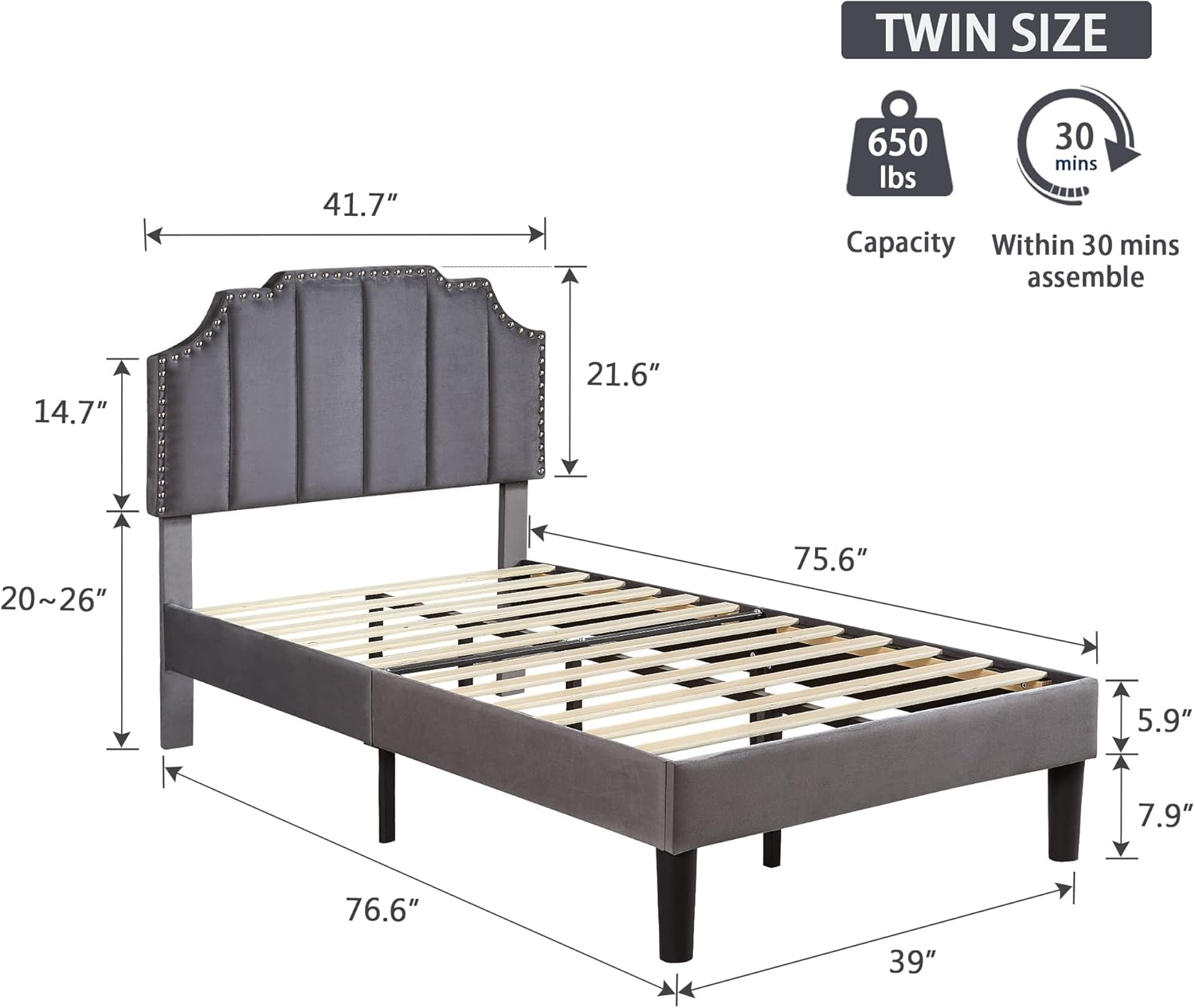 Detailed dimensions of the VECELO Twin Size Bed Frame, including length, width, height, and headboard adjustment range.