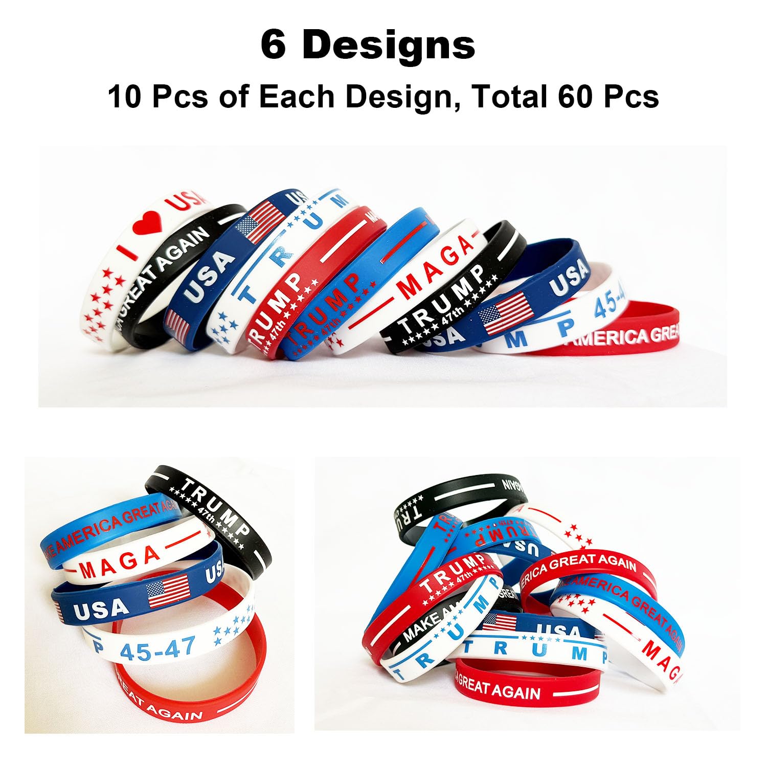Trump Bracciali 60 pezzi, Make Amarica Great Again Bandiera Americana, Accessori per Festa Patriottica Presidenziale, 4 luglio, decorazione rossa bianca e blu Bomboniere, Gomma