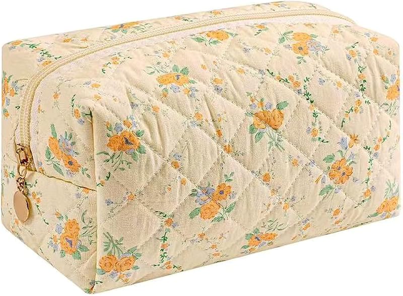Necessaire de Maquiagem OIMEI em Algodão Matelassê com Estampa Floral O4 Yellow/Orange Flowers e Zíper