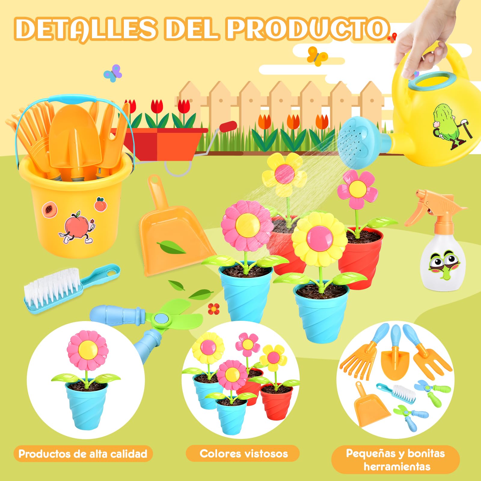 Aragallant 28 Piezas Herramientas Jardineria para Niños, Kit Jardineria Niños con Pala Regadera Rastrillo Macetas, Juguetes Playa Juegos Exterior Jardin para Niñas Niños 3+ Años