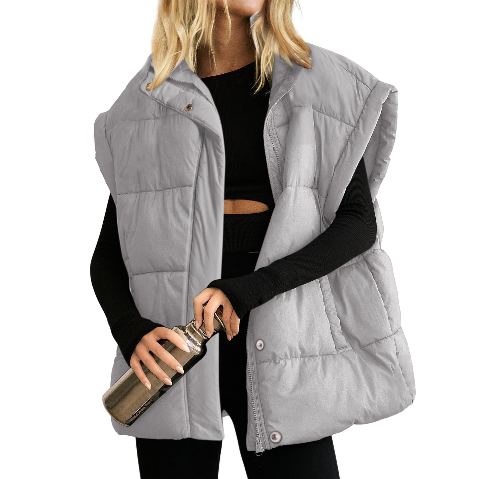 Songling Womens Oversized Puffer Vest Stand Collar Full Zip Sleeveless Bubble Puffer Vest Quilted Padded Warm Coat Outwear: Small Grey