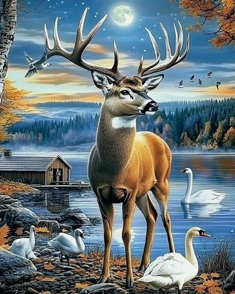 NAHUIGOOD Cross Stitch Kit,DIY Handmade Embroidery Kit with Accurate Print, 11Ct Needlework Set - Swan Lake, Elk11Ct50X70Cm