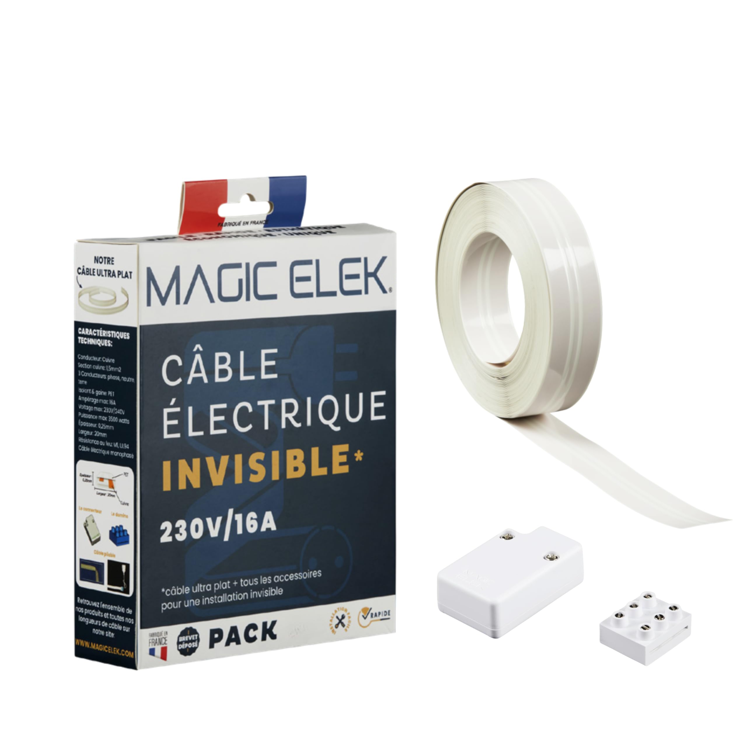 Cavo elettrico invisibile ultra piatto 10 m 230 V/16 A – 3 linee – Pacchetto luminoso scompare sotto vernice, carta da parati, piastrelle... Niente più scivoli passano cavo
