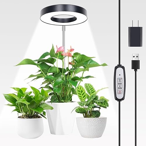 Luz LED de espectro completo para plantas de interior, ideal para plantas pequeñas y bonsái, temporizador automático y brillo regulable (negro +