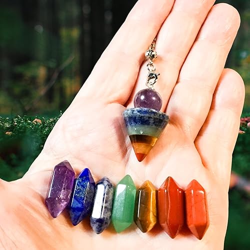 Miniatura 3 de Péndulo de 7 chakras y puntos dobles para radiestesia y adivinación, cristales curativos energéticos de equilibrio de chakras con tarjeta