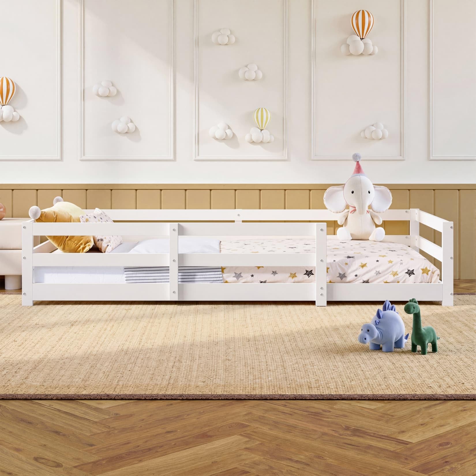 Lit Au Sol Montessori 90x200cm,Cadre de Lit 1 Personne avec Quatre Barrières Latérales,Sommier à Lattes Roustes,pour Garçons Filles(90-Blanc)