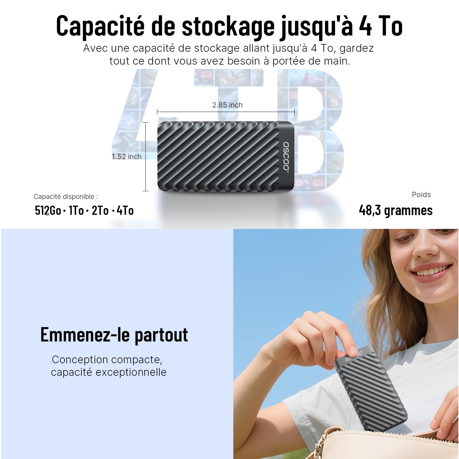 512Go Portable SSD, Disque SSD Externe USB 3.2 Génération 2x2 Disque Dur SSD Externe Jusqu’à 2000 Mo/s clé USB Double USB-A&C Mémoire Externe SSD Compatible Android