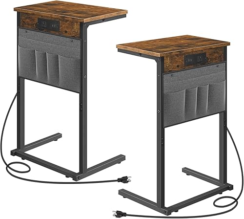 HOOBRO Juego de 2 mesas auxiliares en forma de C con estación de carga, mesas auxiliares de sofá de 28 pulgadas de alto para espacios pequeños,