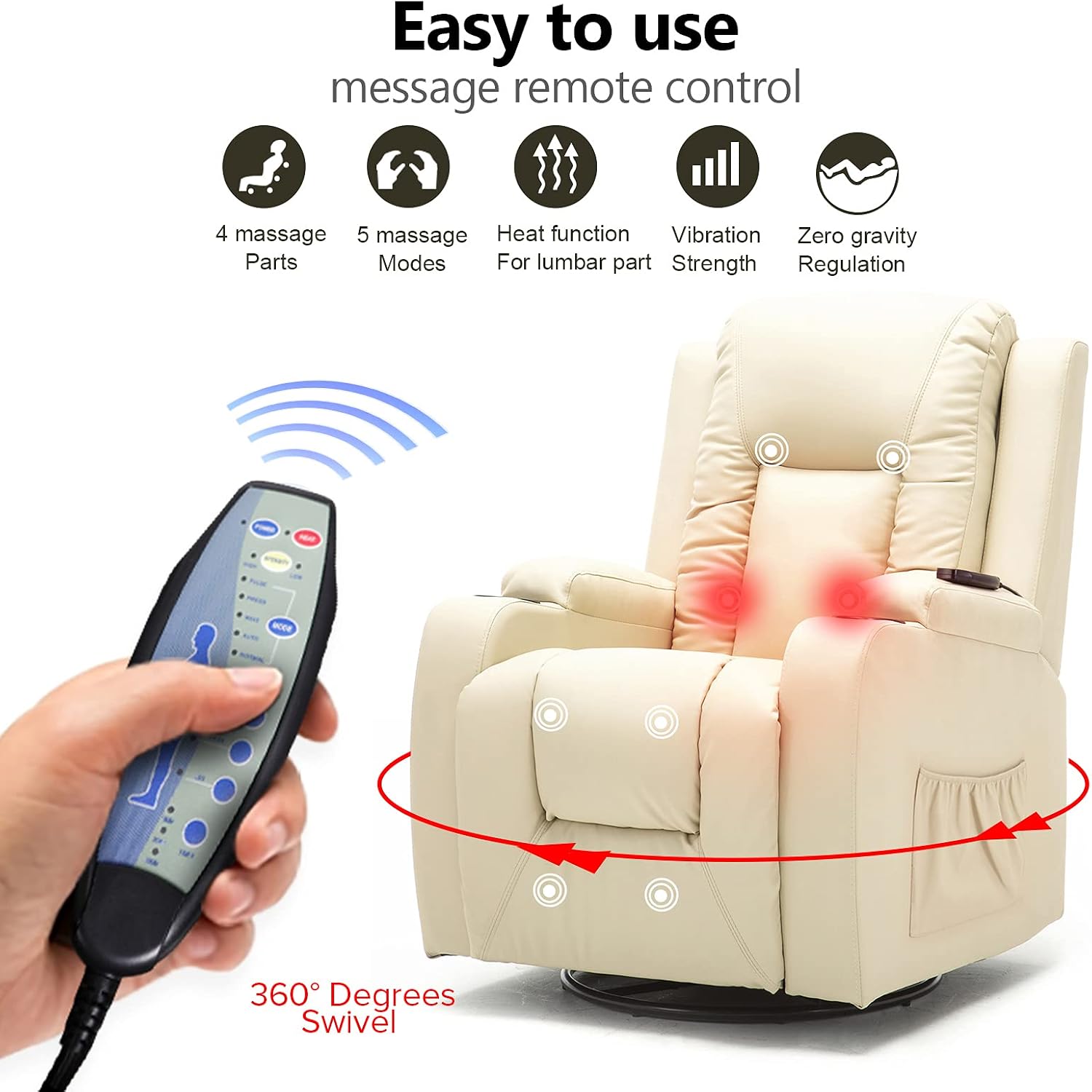Close-up of the massage remote control with buttons for power, heat, intensity, mode selection, and body area targeting.