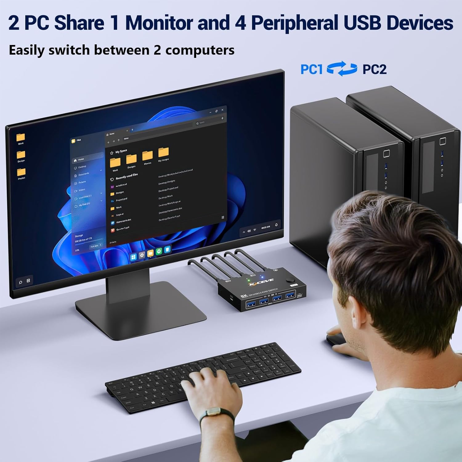 MLEEDA Displayport KVM Switch 1 Monitors 2 Computers 8K@30Hz 4K@144Hz, USB3.0 DP KVM Switches for 2 Computers Sharing Single Monitor and Keyboard Mouse Printer,Wired Remote and 2 USB Cables Included