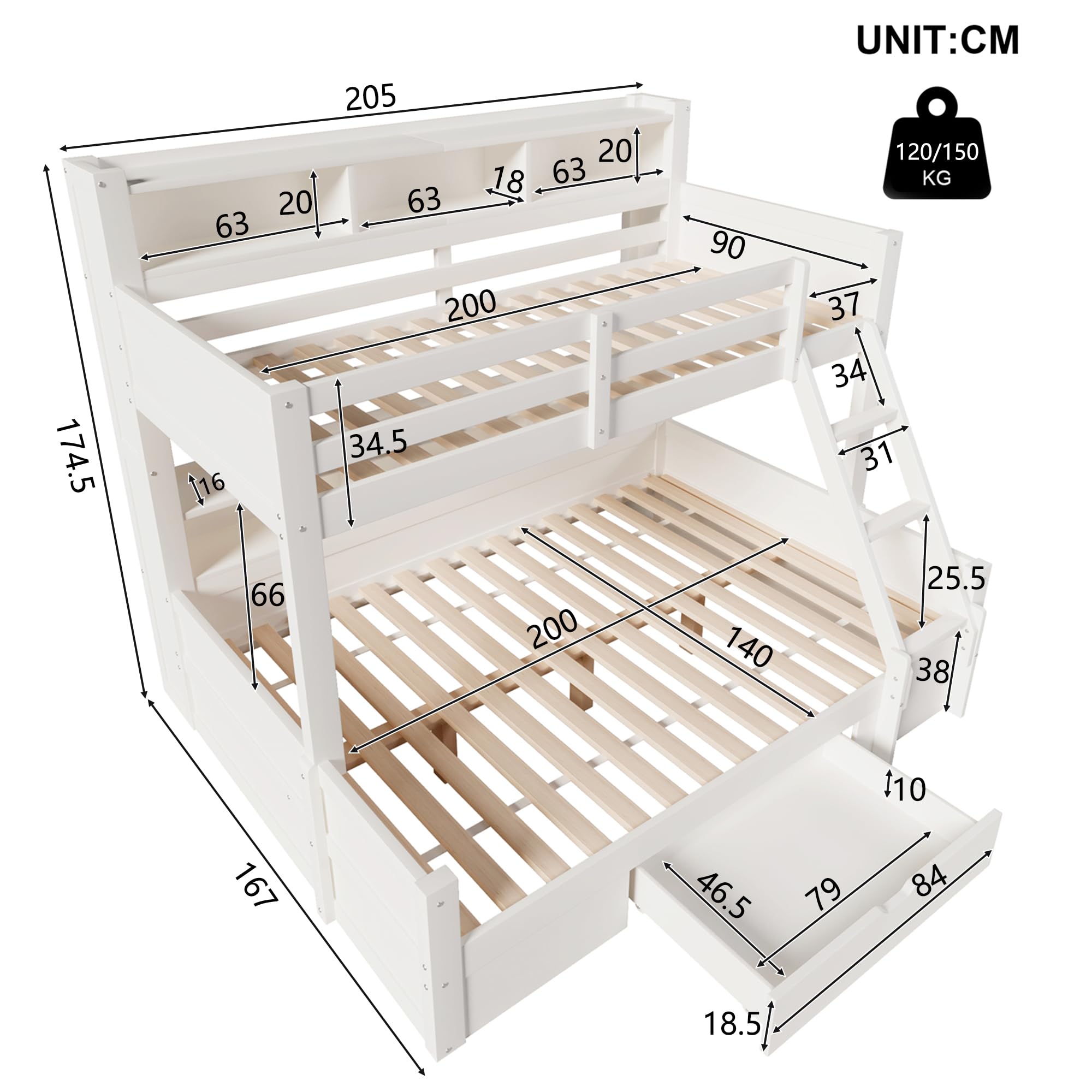 Litera de 90(140) x200 cm con Luz LED y Compartimentos Abiertos, Cama Litera Matrimonio con Cajón y Escalera, Cama Infantil Literas Infantiles con Barandilla Anticaída, Sin Colchón, Blanco