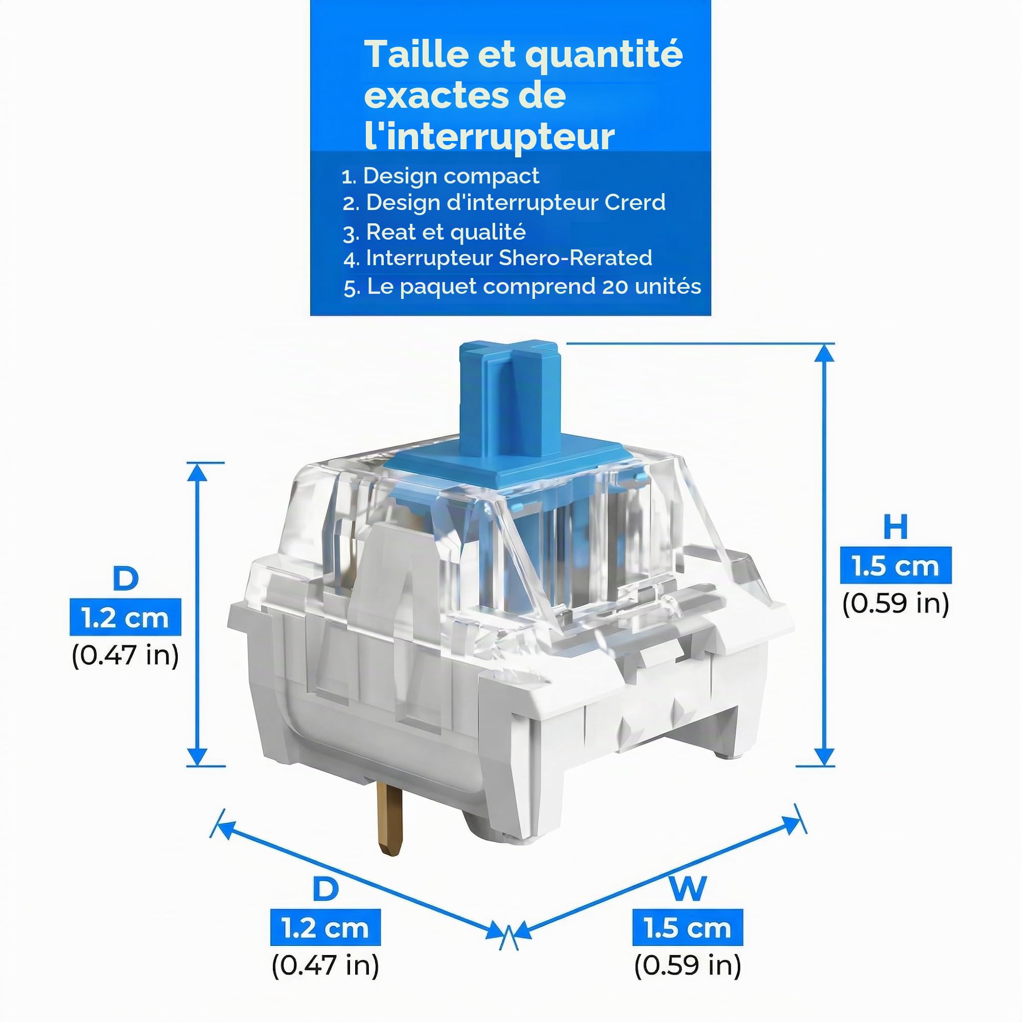 20 Pièces Switch Clavier, Bleu Transparent Commutateurs avec 3 Broches Anti Poussière, Commutateur Clavier Mécanique RVB, Interrupteur de Remplacement pour MX Mechanical Clavier Gaming