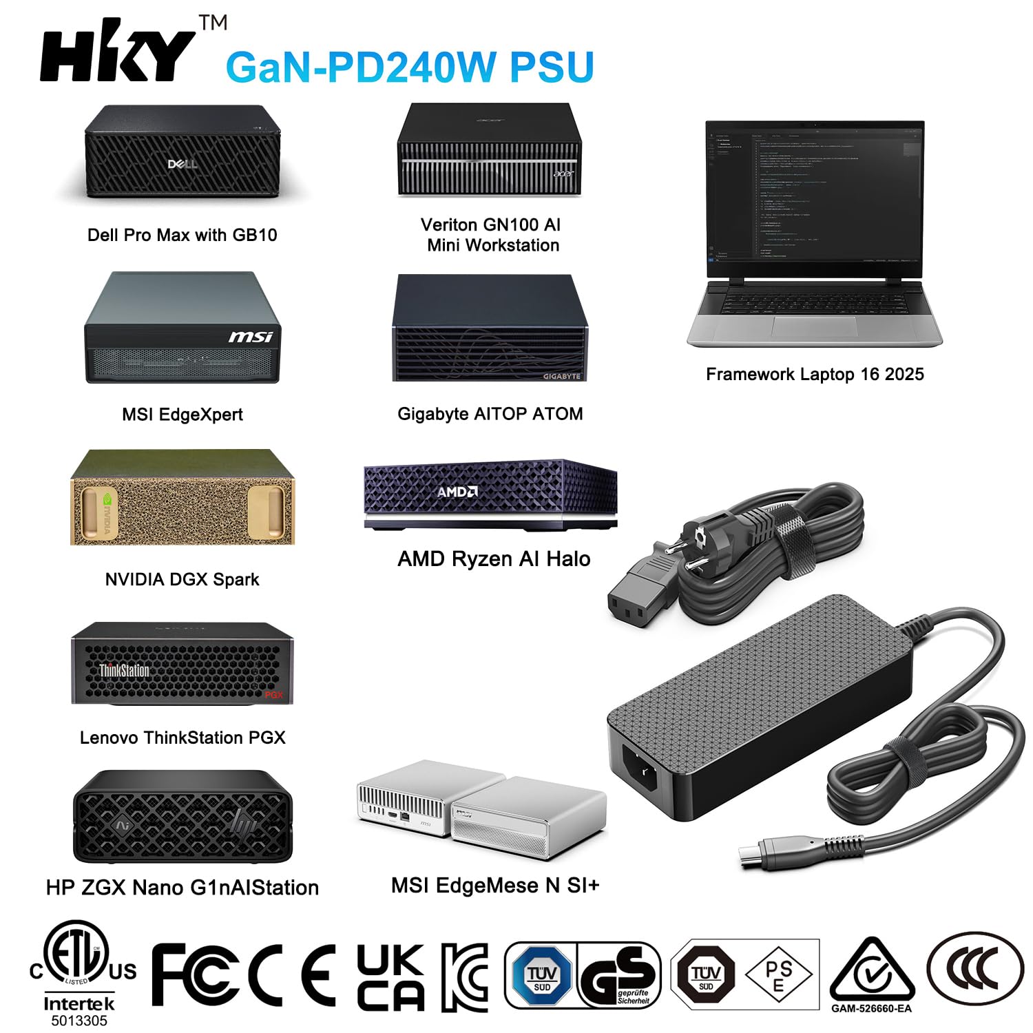 HKY 240W Caricatore USB C 48V 5A 180W GaN PD3.1 Carica Rapida con Cavo USB C Rimovibile per Gaming Laptop,Thunderbolt 5 AI PC,Industrie PC,Altoparlanti,Drones,E-bike,Robot,Controller Gioco Adattatore