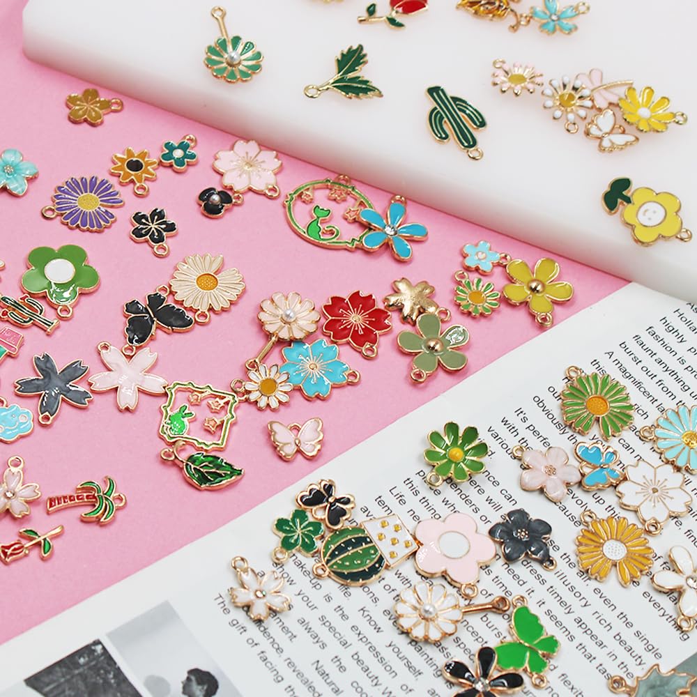 140-Piece Floral Jewelry Making Kit - Gold Enamel Charms Pendants with 80m Elastic Cord for DIY Bracelets, Necklaces, Earrings - Spring Flower, Daisy, Butterfly, Rose, Cactus Charms - Gift for Women 2
