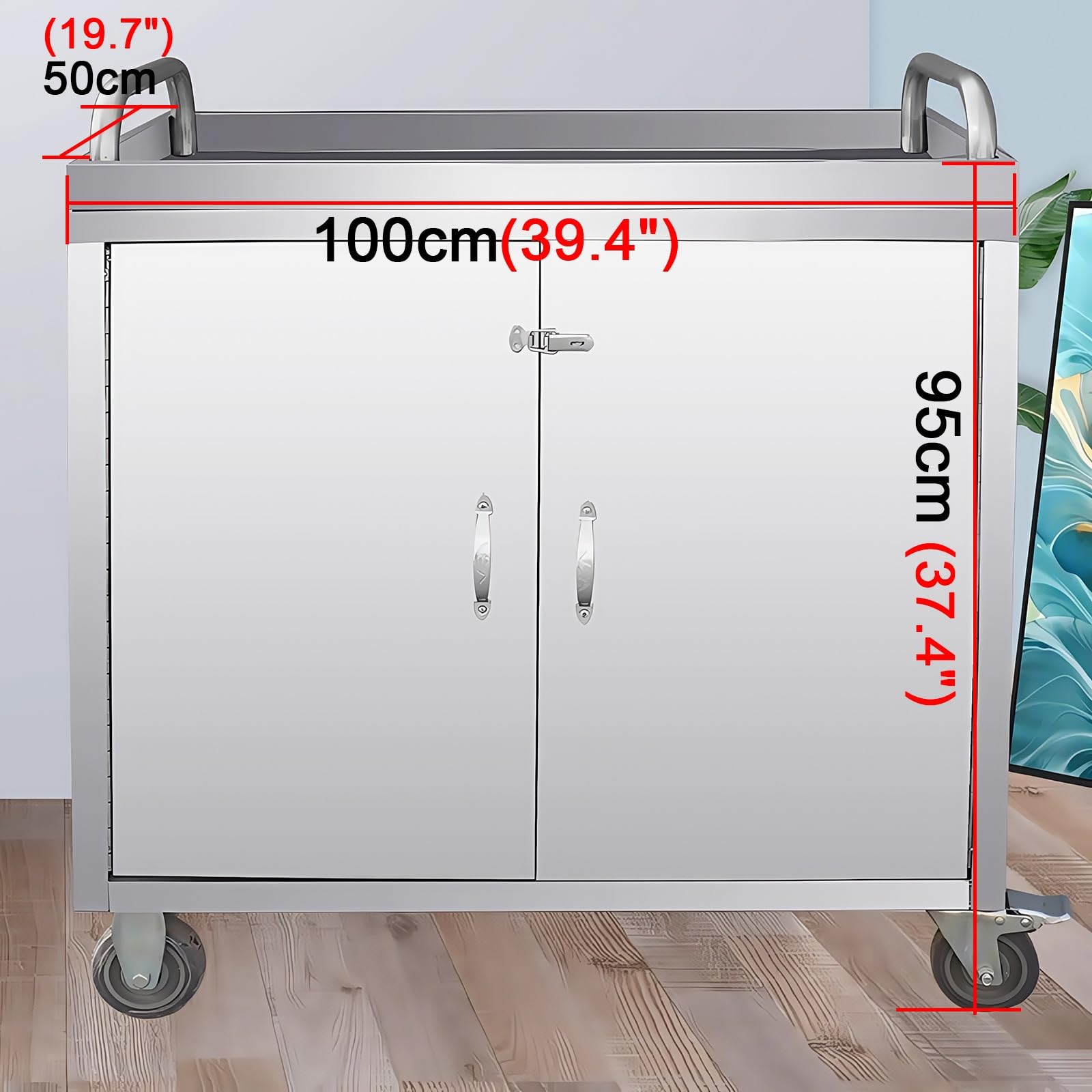 Stół warsztatowy ze stali nierdzewnej na kółkach, wysokość 95 cm, konstrukcja 3-poziomowa, konstrukcja spawana, magnetyczny samozamykacz drzwi, zatrzaski wpuszczane, wózek komercyjny