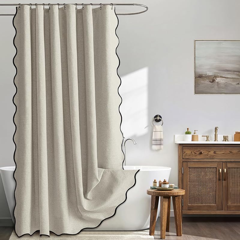 MIULEE Linen Scalloped Linen Shower Curtain 72x72 Inches | Linen Textured, Waterproof, Washable, 12 Metal Hooks, Heavy Duty Cloth, Black Border, Shower Curtain for Bathroom Bathtub
