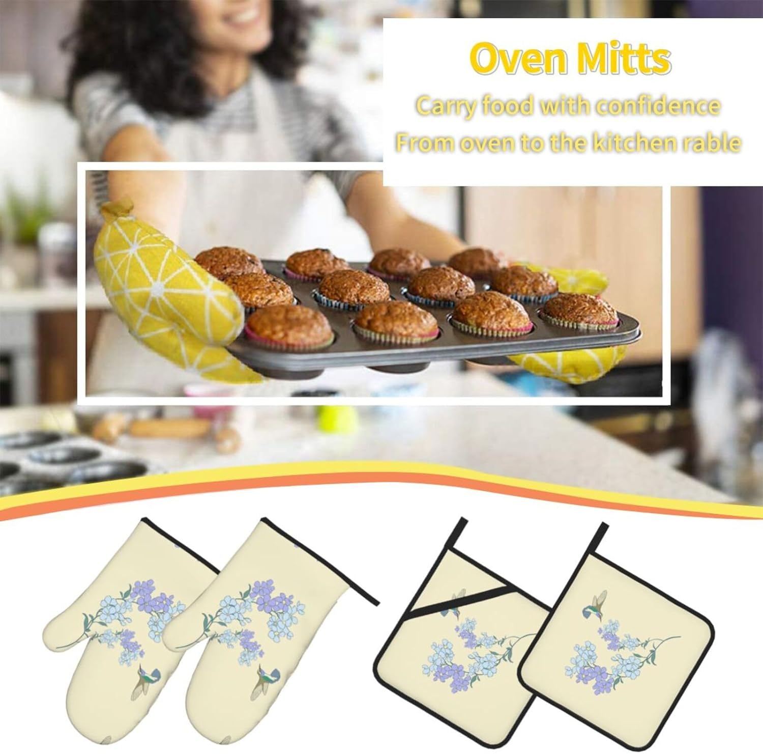 Fresh Orchids Oven gloves and heat-resistant mat 4-piece set. Suitable for grilling, microwave oven frying, and baking