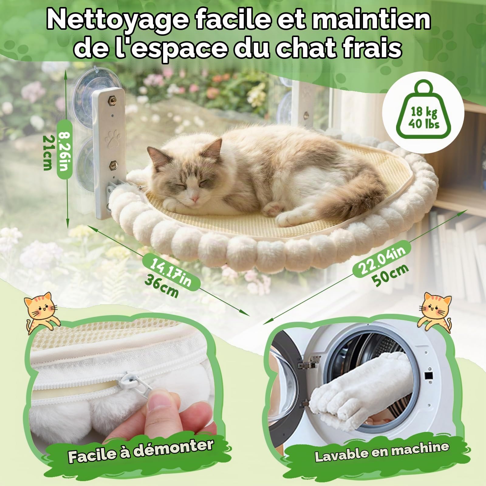 50 x 36cm Hamac Chat Fenêtre,Hamac fenetre Chat,Fenêtre Panier Suspendu Etagere,Ventouse Puissante,Jusqu'à 18kg,avec Housse épaisse Amovible,Lit pour Petite et Grande Chats
