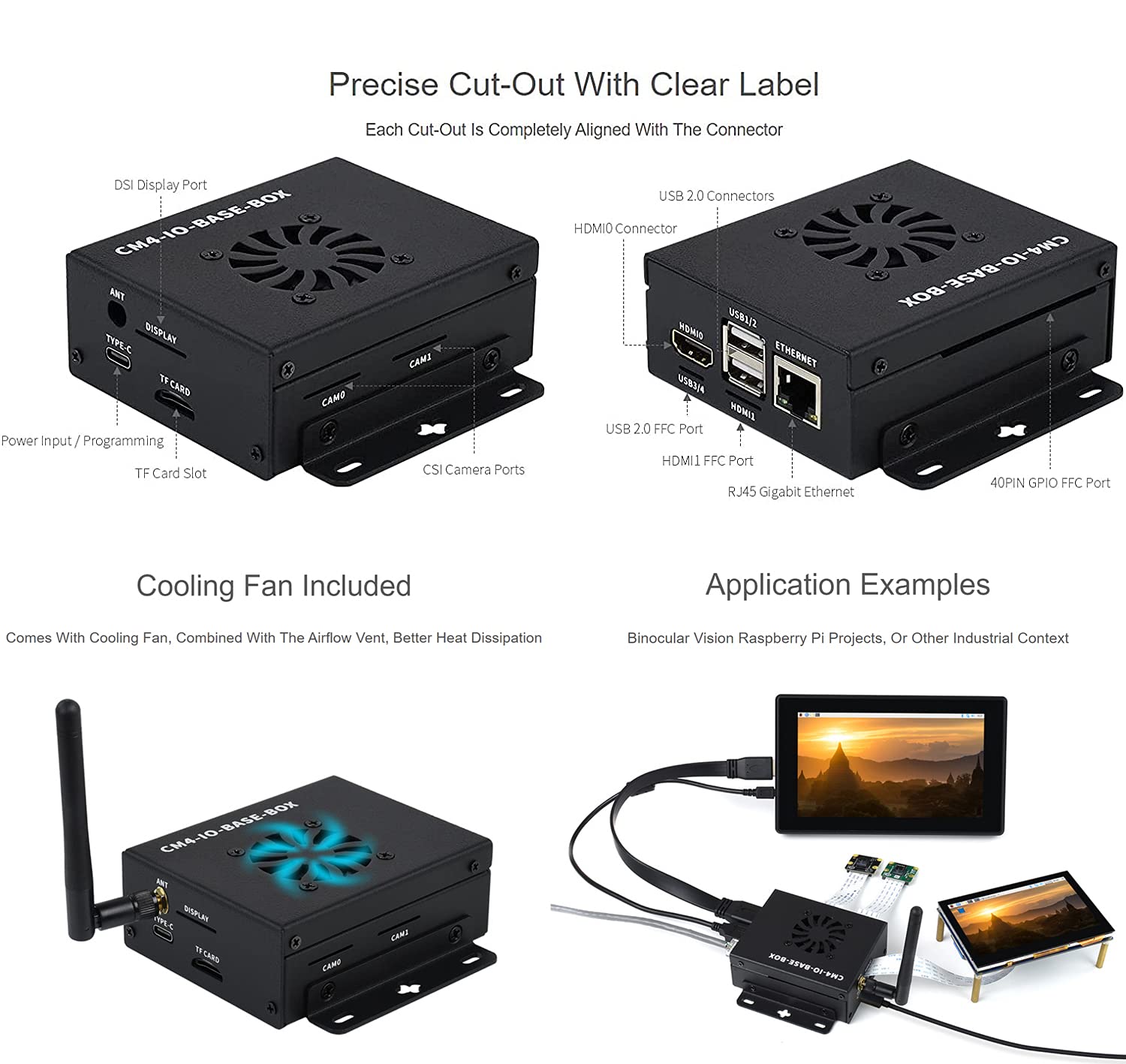 Mini Computer Basato su Raspberry Pi Compute Module 4 (NON Incluso), Interno CM4-IO-BASE-B, Custodia in Metallo, con Ventola di Raffreddamento, Integrati Connettori CSI/DSI/HDMI/USB/RJ45 ecc.