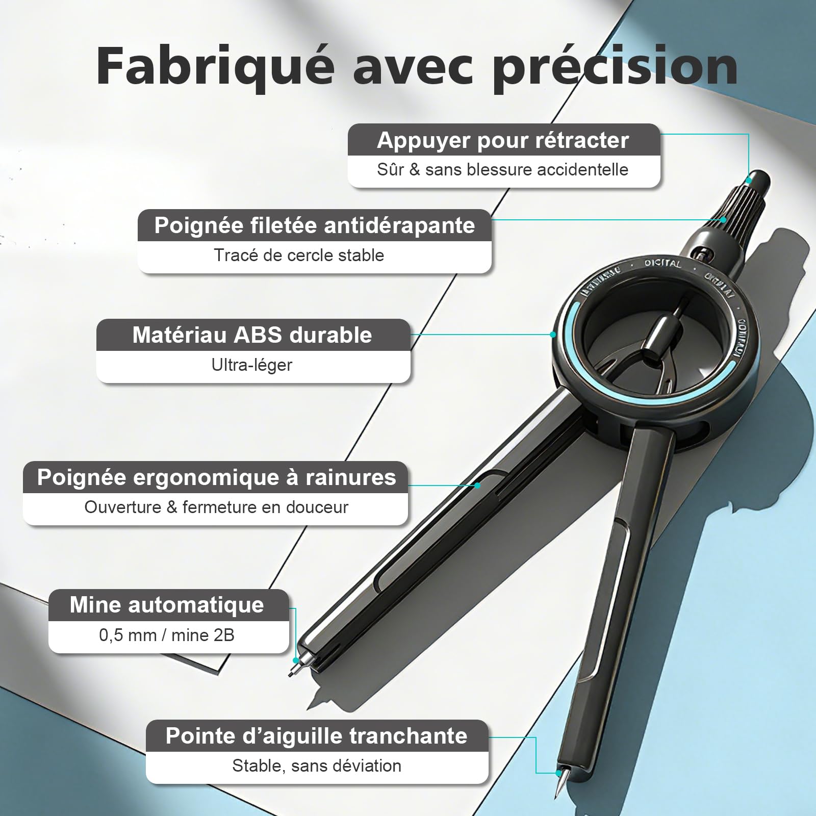 Compas Professionnel ROATEE Rayon Ajustable, Compatible Mine 0,5 mm, Géométrie et Dessin
