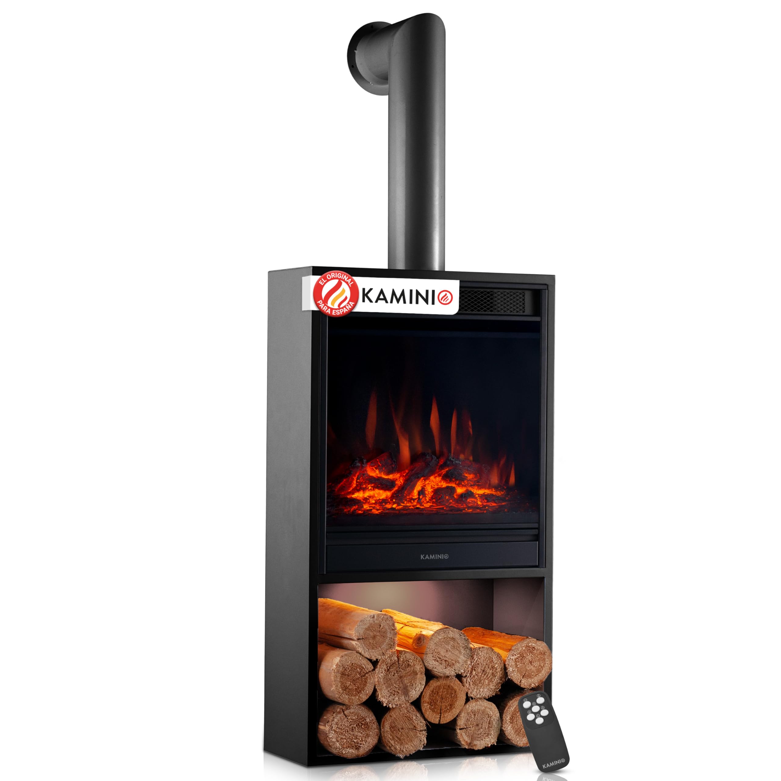 KAMINIO Chimenea eléctrica Hugo con Tubo de Chimenea - Estufa de Chimenea con calefacción, Efecto Llama 3D, Luz Ambiental LED, Compartimento de Madera, Control Remoto (Negro)