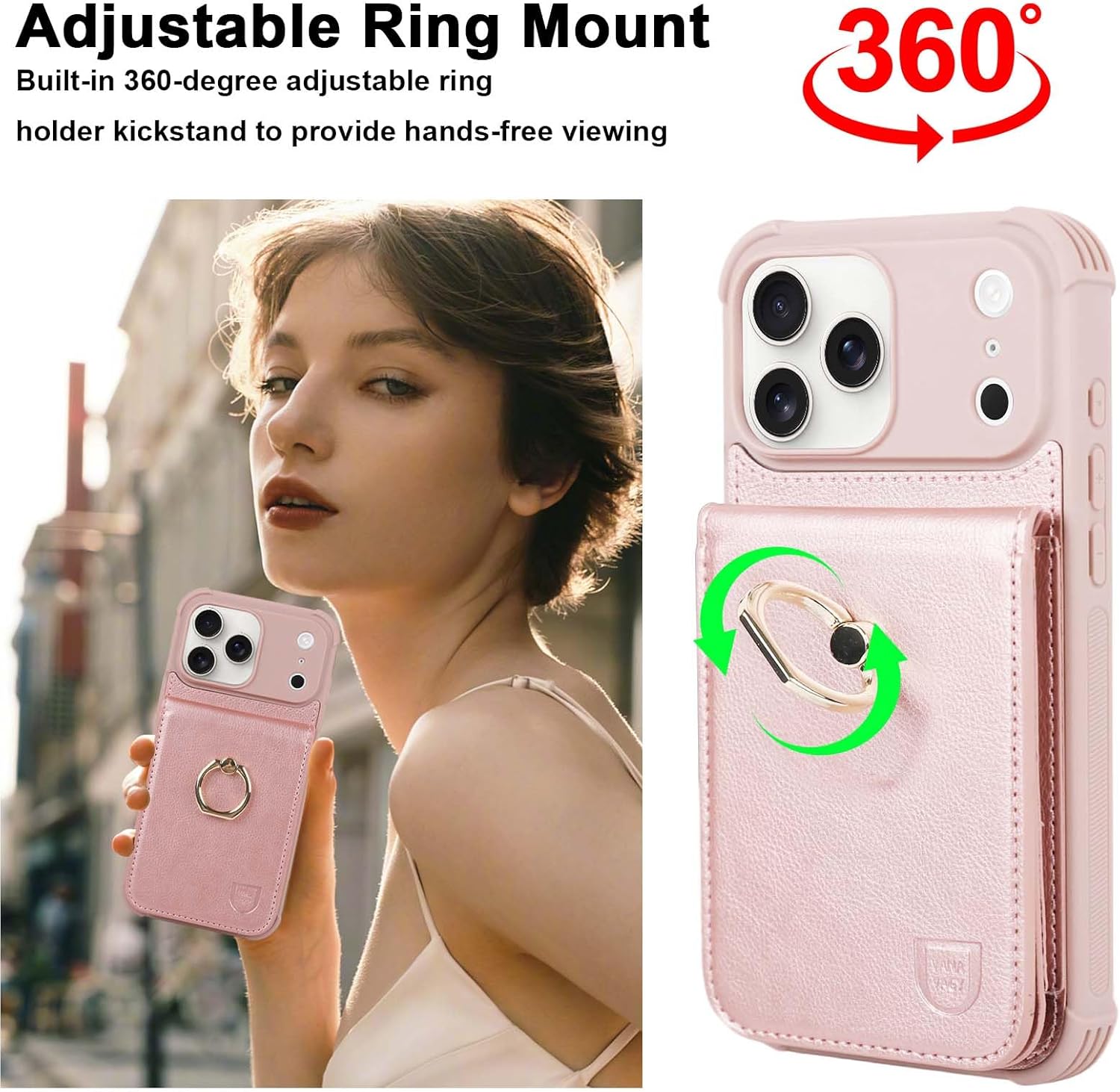 VANAVAGY Compatible for iPhone 17 Pro Max Wallet Case with RFID Blocking Card Holder, [Screen Protector] PU Leather Shockproof Case Magnetic Clasp Ring Kickstand Flip Cover for Women Men,Rosegold - Image 6