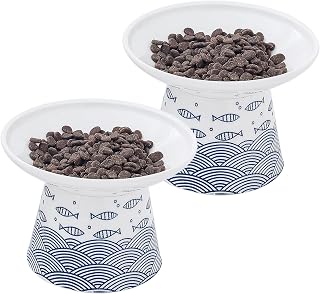엑스트라 와이드 고양이 그릇, 15.2cm(6.25인치) 세라믹 높이 고양이 그릇 세트 | 넓고 얕은 반려동물 사료 물 접시, 구토 방지, 스트레스 방지, 위스커 피로, 2팩, 블루