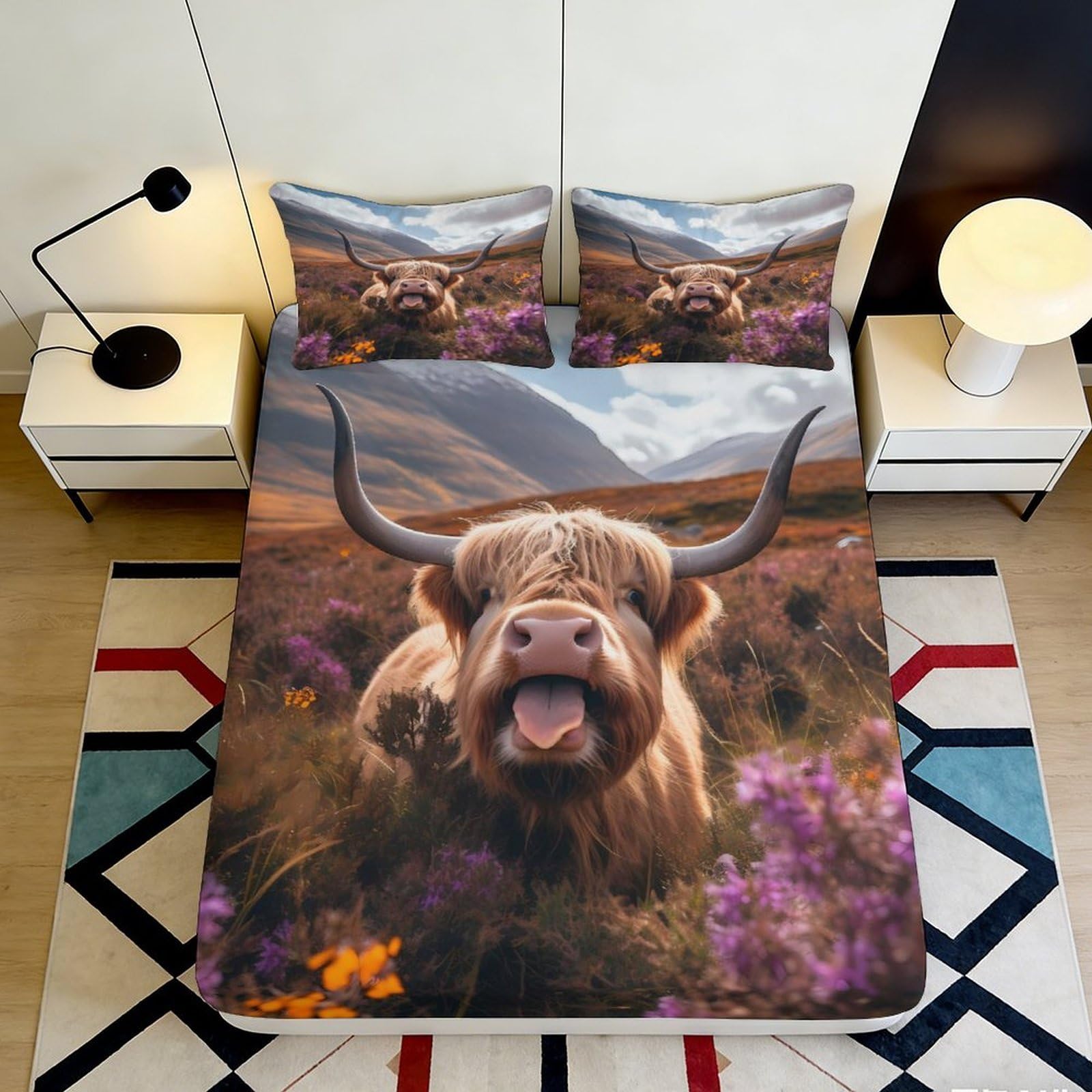 3D Printed Highland Cow Fitted Sheet Microfiber Deep Pocket Non-Slip Full Wrap Bedding Highland Cow Mattress Fitted Cover Washable 140x200x25cm