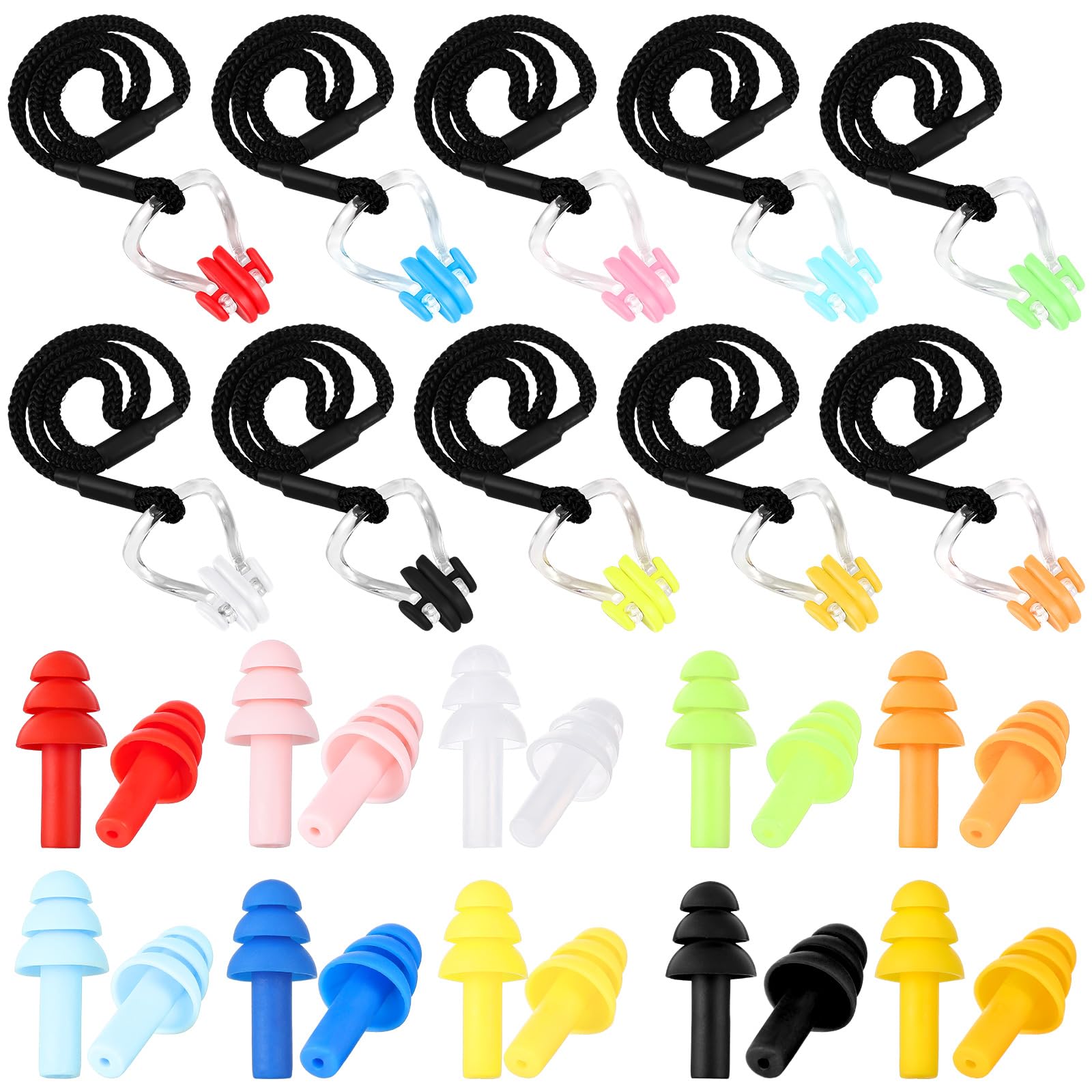 Seenelling 10 Pcs Swimming Nose Clip Earplugs with String Waterproof Swim Nose Plugs Soft Silicone Earplugs Protector Accessories for Adult Beginner