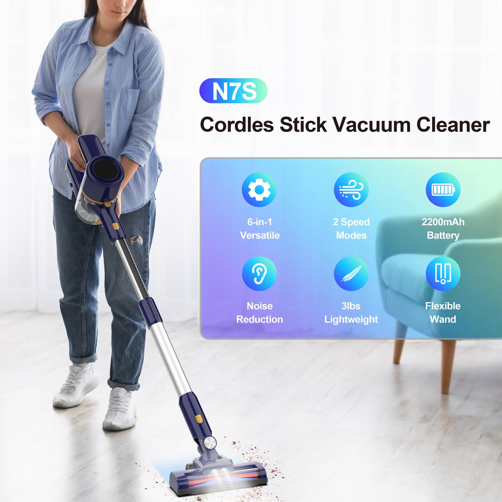 Powaert Cordless Vacuum Cleaner, 6-in-1 Multifunction Cordless Vacuum, 210W Powerful Vacuum Cleaner, 6 Cell 2200mAh Stick Vacuum Cordless Rechargeable for Home (Indigo)