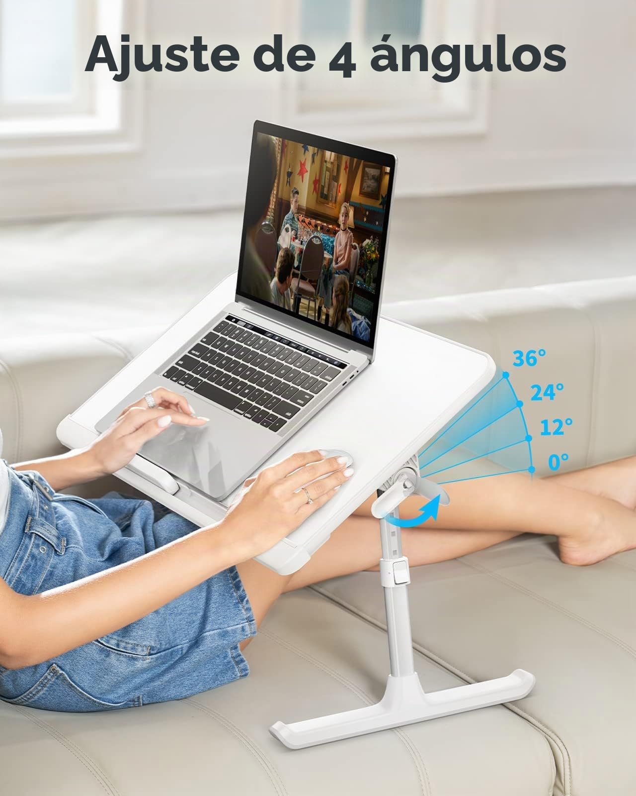 SAIJI Mesa para Ordenador portátil de Cama, Mesa Ajustable, Bandeja de Almacenamiento, Patas Plegables de Trineo y Tablero de Piel PVC (Blanco)