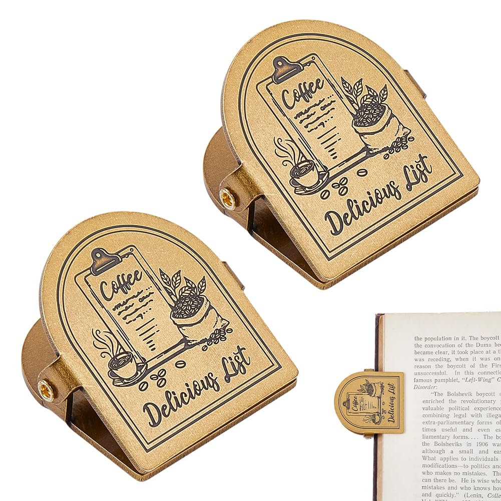FINGERINSPIRE Metal Book Clip Travelers Notebook Clip Coffee Themed Delicious List Vintage Arch Page Holder Antique Bronze Brass Clips for Notebook Paper Document Planner Binder Journal Accessories