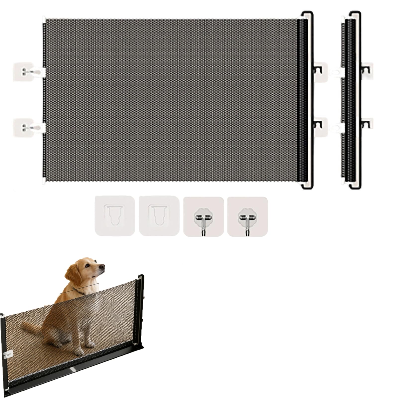 Retractable Dog Gate for Doorways and Stairs, No Drilling Mesh Pet Safety Barrier, Space Saving Roll Up Gate for Hallways Kitchen, Indoor Use for Cats and Small Dogs, Black (50×125cm)