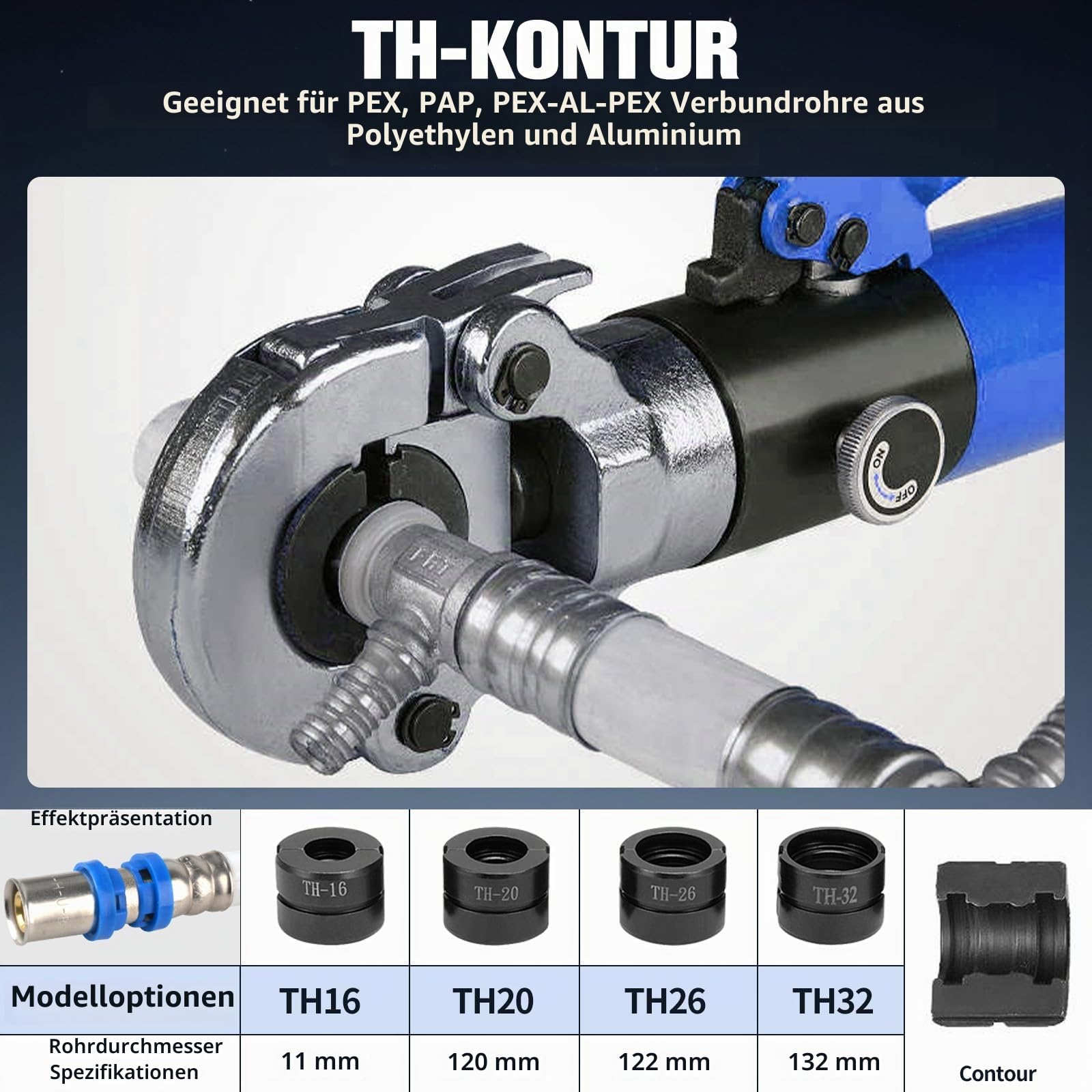Presszange Kupferrohr V-Kontur und TH-Kontur mit Rohrabschneider – Presszange Handpresszange Kupferrohr mit V12 V15 V18 V22 V28 Und TH16 TH20 TH26 TH32