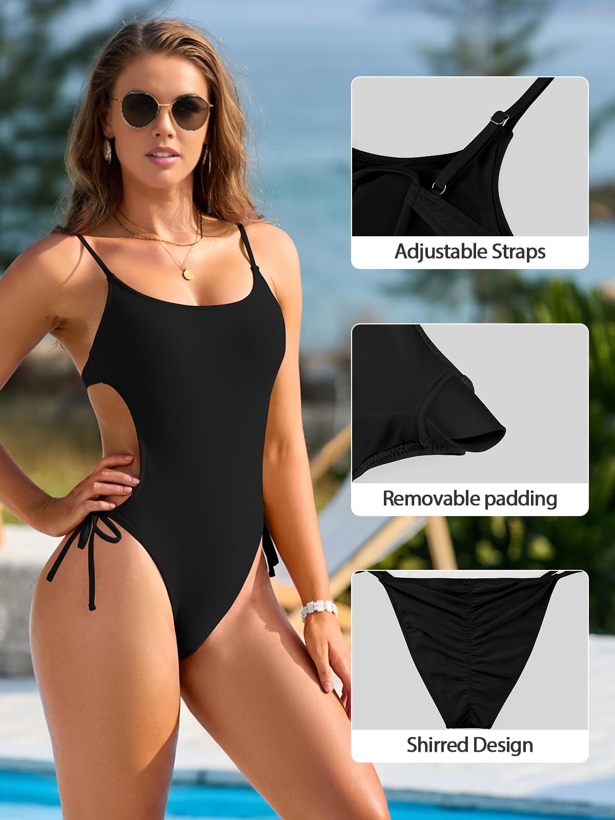 SHEKINI Maillot de Bain Une Pièce pour Femme Col Rond Découpe Cordon de Serrage Swimsuit Vetement De Plage Sexy Swimwear Été
