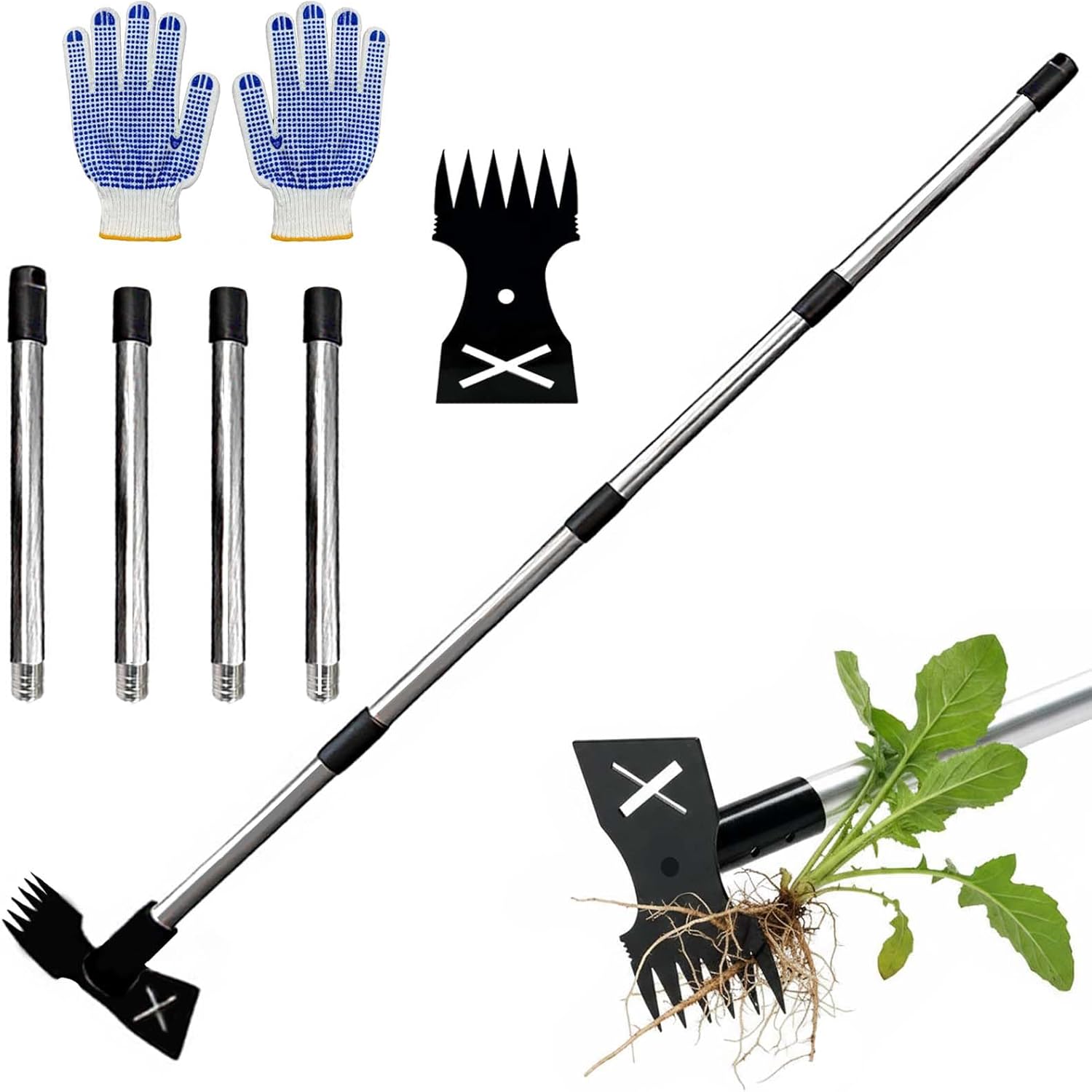 150cm Weed Remover Tool with Long Handle, Pulling Tool with Detachable Pole,2 in 1 Garden Hoe and Weed 5-Prong Claw Rake,Heavy Duty Weed Puller for Flower Bed Yard Garden Lawn Patio