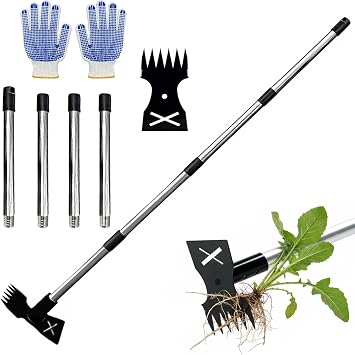 150cm Weed Remover Tool with Long Handle, Pulling Tool with Detachable Pole,2 in 1 Garden Hoe and Weed 5-Prong Claw Rake,Heavy Duty Weed Puller for Flower Bed Yard Garden Lawn Patio
